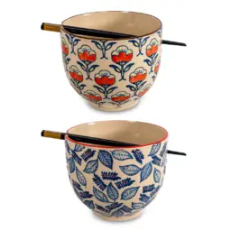 SET 2 BOLS A RAMEN AVEC BAGUETTES - FEUILLES BLEUES