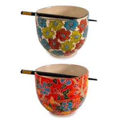 SET 2 BOLS A RAMEN AVEC BAGUETTES - FLEURS ORANGES